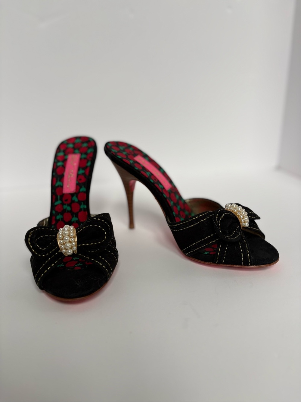 Betsey Johnson Catalyna  Suede Pearl Open-Toe High Heel Mules - Black - Sz 6